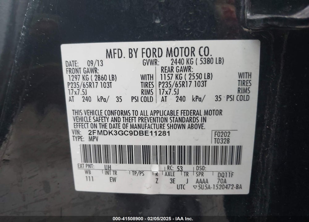 2013 FORD EDGE VIN: 2FMDK3GC9DBE11281