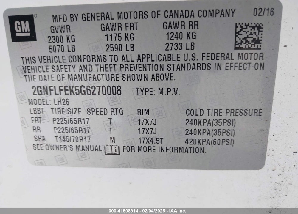 2016 CHEVROLET EQUINOX LT VIN: 2GNFLFEK5G6270008