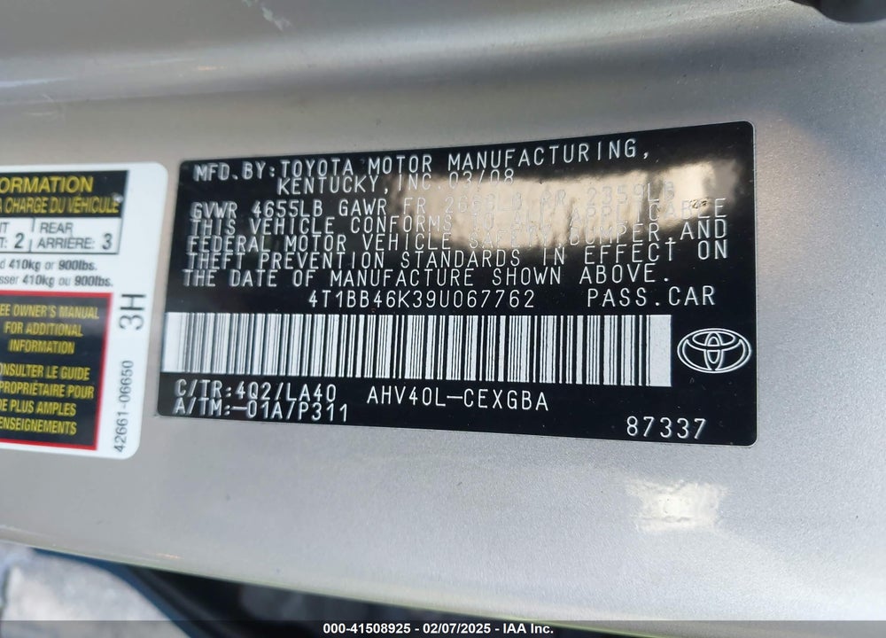 2009 TOYOTA CAMRY HYBRID VIN: 4T1BB46K39U067762