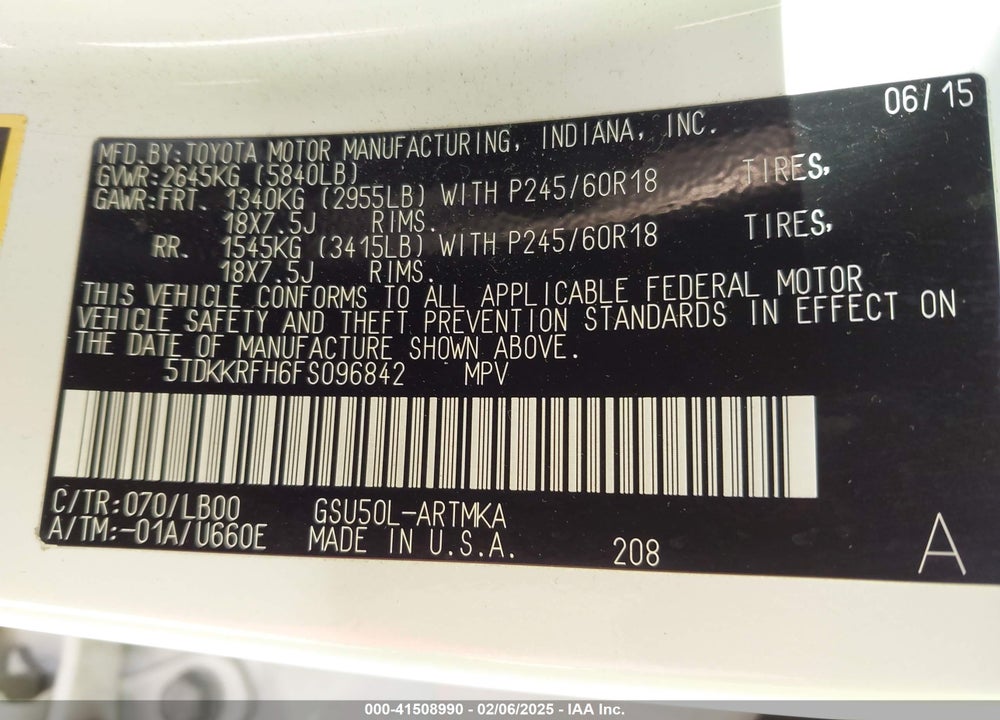 2015 TOYOTA HIGHLANDER XLE V6 VIN: 5TDKKRFH6FS096842