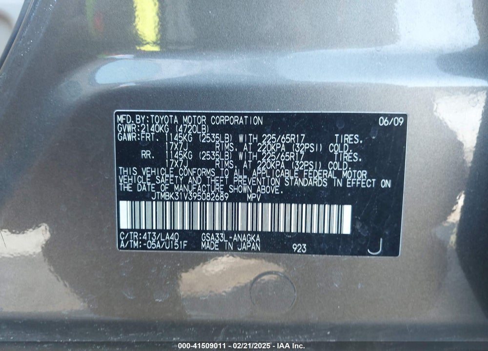 2009 TOYOTA RAV4 VIN: JTMBK31V395082689