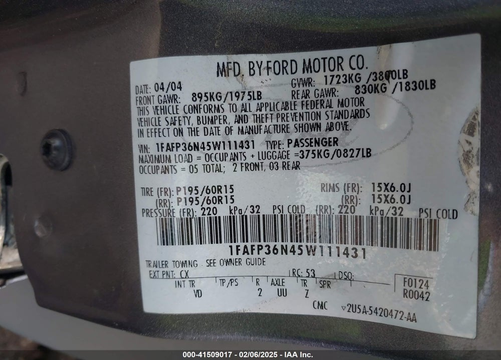 2005 FORD FOCUS ZXW VIN: 1FAFP36N45W111431