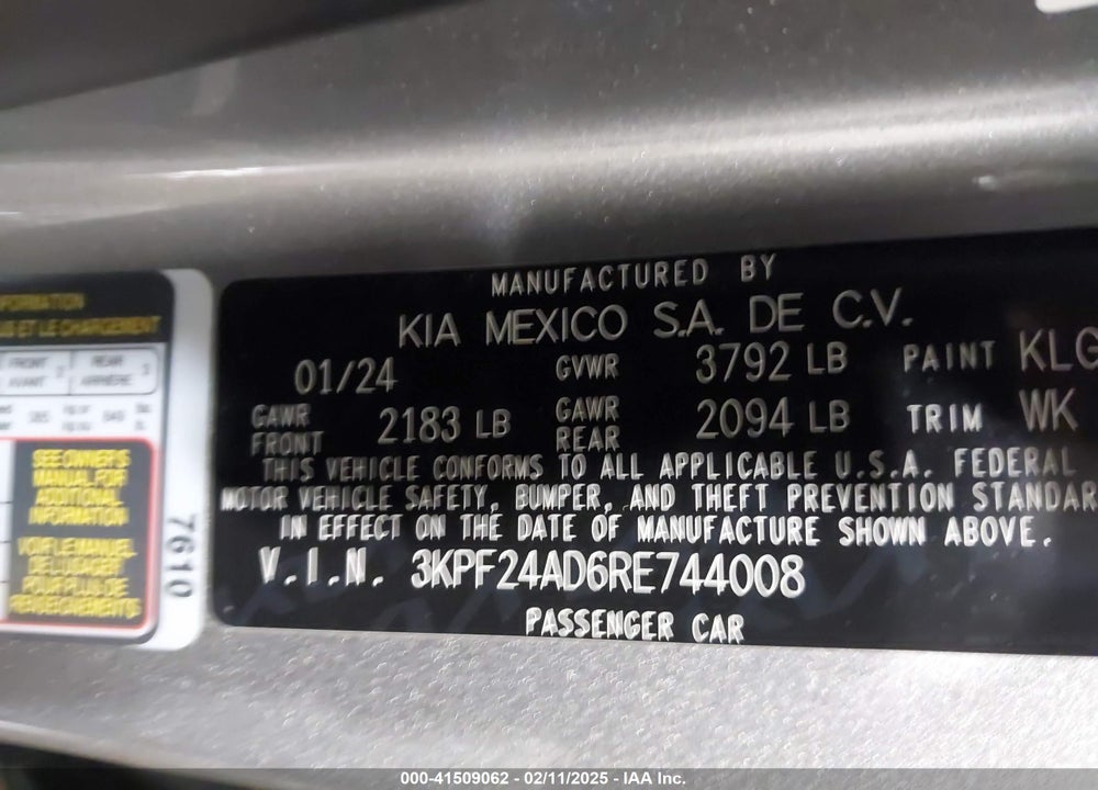2024 KIA FORTE LXS VIN: 3KPF24AD6RE744008