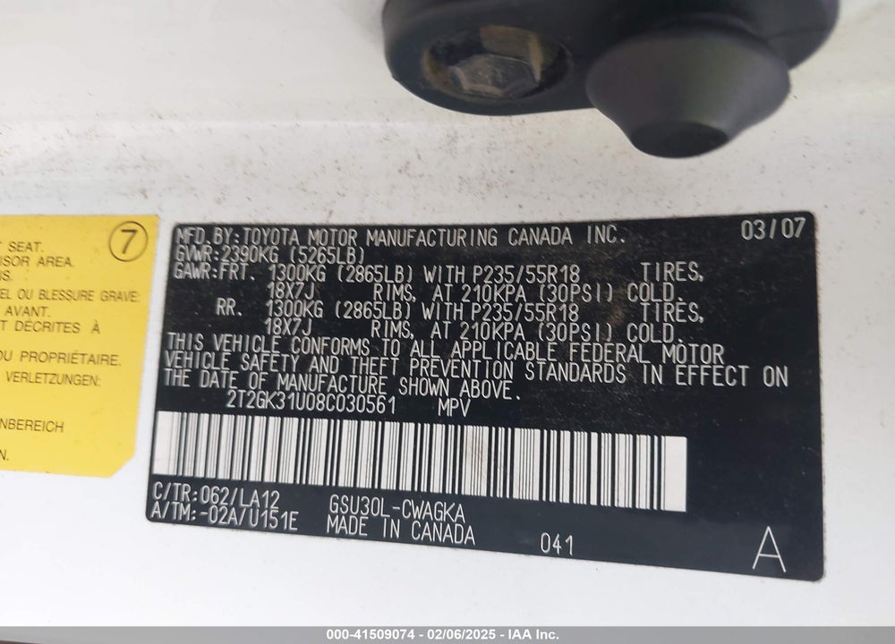 2008 LEXUS RX 350 VIN: 2T2GK31U08C030561