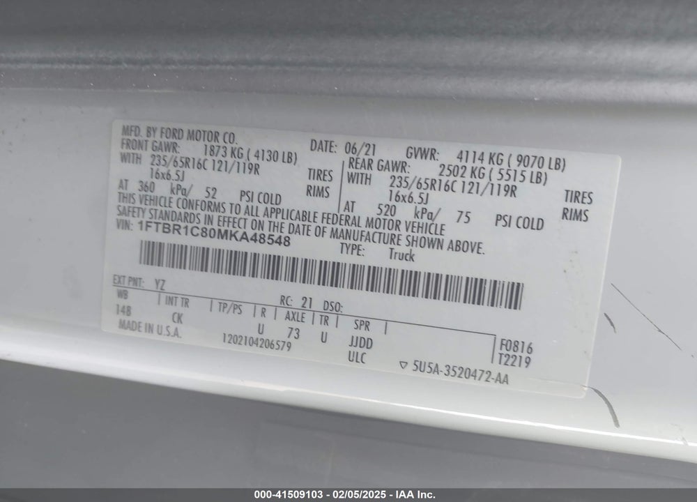 2021 FORD TRANSIT-250 VIN: 1FTBR1C80MKA48548