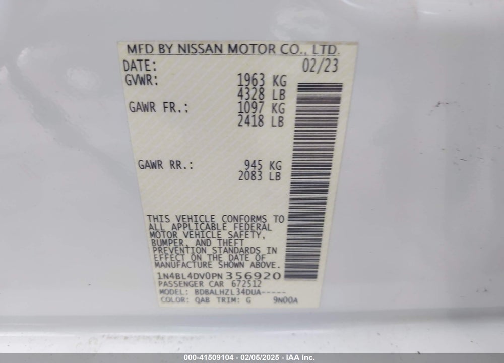 2023 NISSAN ALTIMA VIN: 1N4BL4DV0PN356920