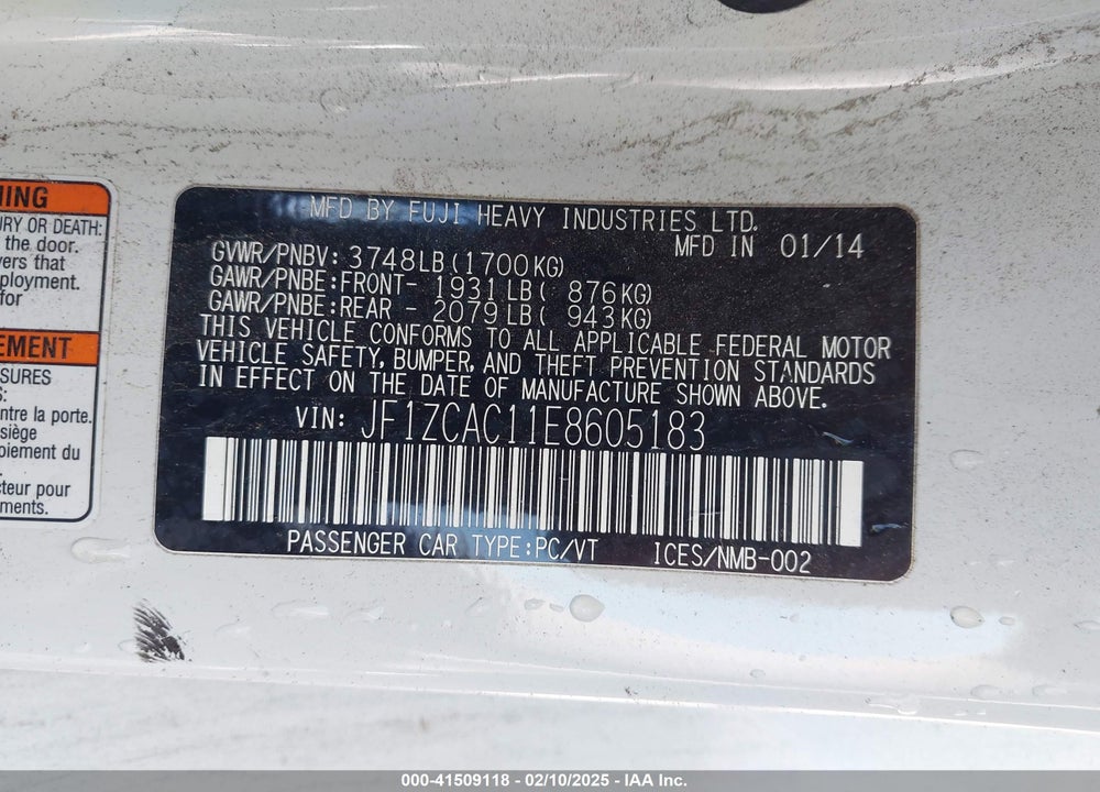 2014 SUBARU BRZ LIMITED VIN: JF1ZCAC11E8605183