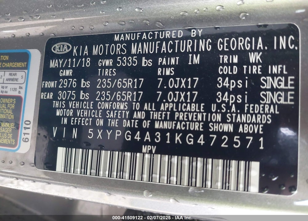 2019 KIA SORENTO 2.4L L VIN: 5XYPG4A31KG472571
