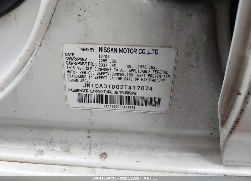2002 NISSAN MAXIMA SE VIN: JN1DA31D02T417074