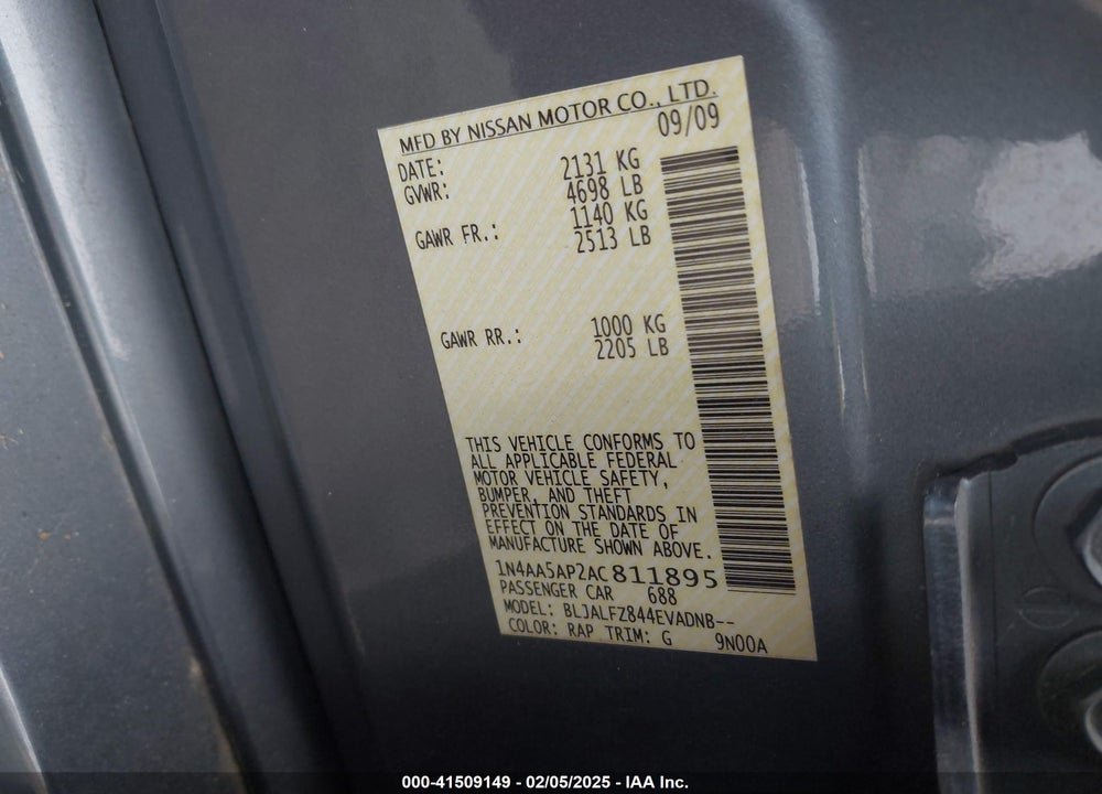 2010 NISSAN MAXIMA VIN: 1N4AA5AP2AC811895