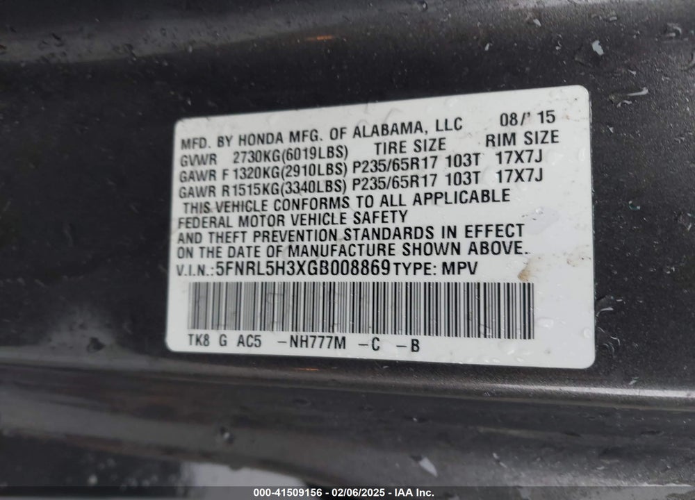 2016 HONDA ODYSSEY SE VIN: 5FNRL5H3XGB008869