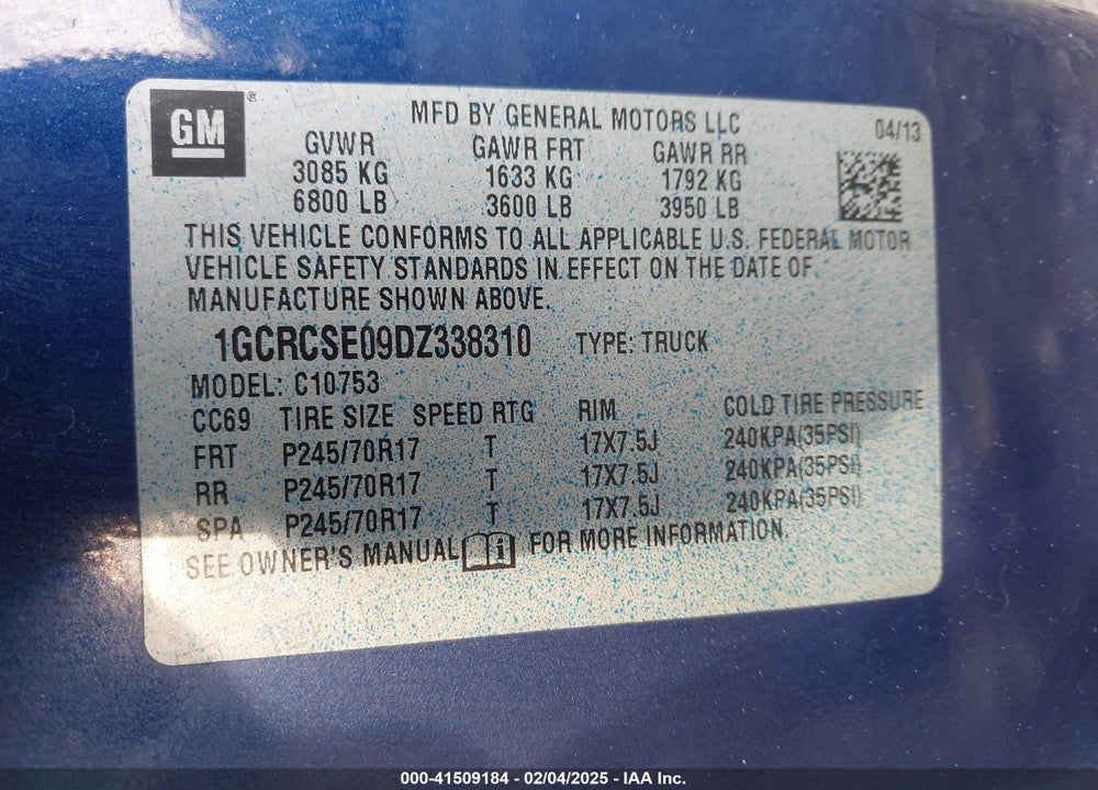 2013 CHEVROLET SILVERADO 1500 VIN: 1GCRCSE09DZ338310