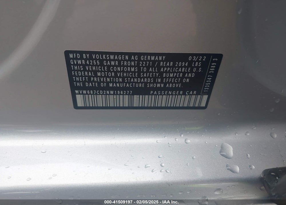 2022 VOLKSWAGEN GOLF GTI VIN: WVW687CD2NW196277