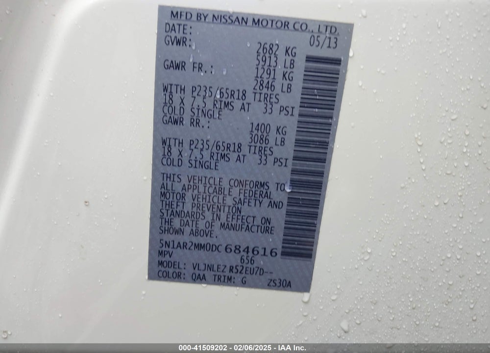 2013 NISSAN PATHFINDER SV VIN: 5N1AR2MM0DC684616