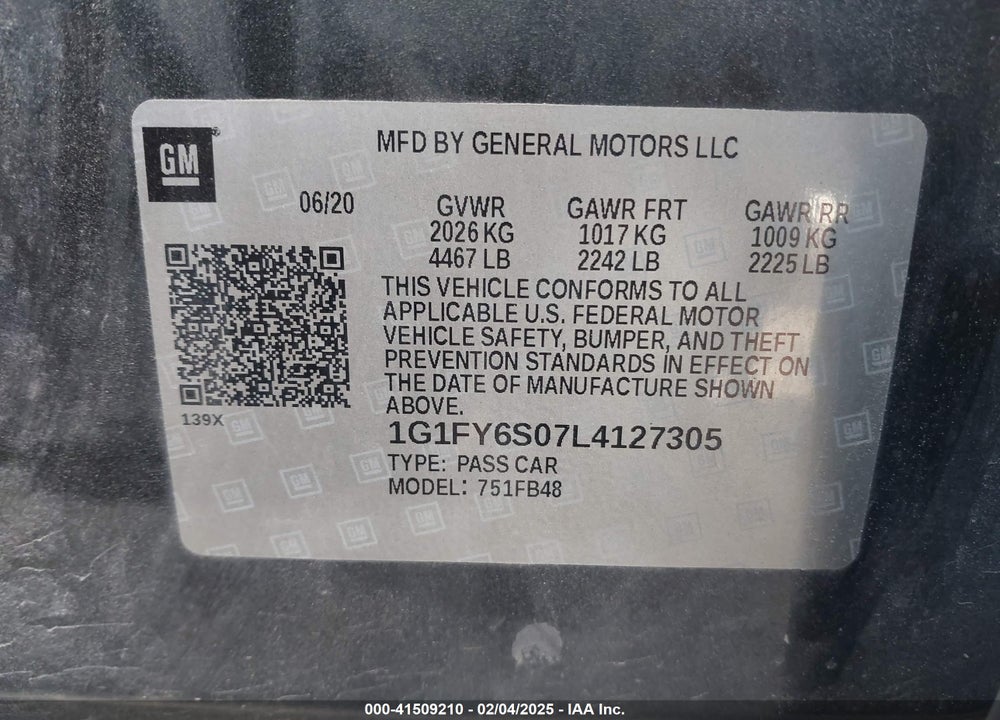 2020 CHEVROLET BOLT EV VIN: 1G1FY6S07L4127305