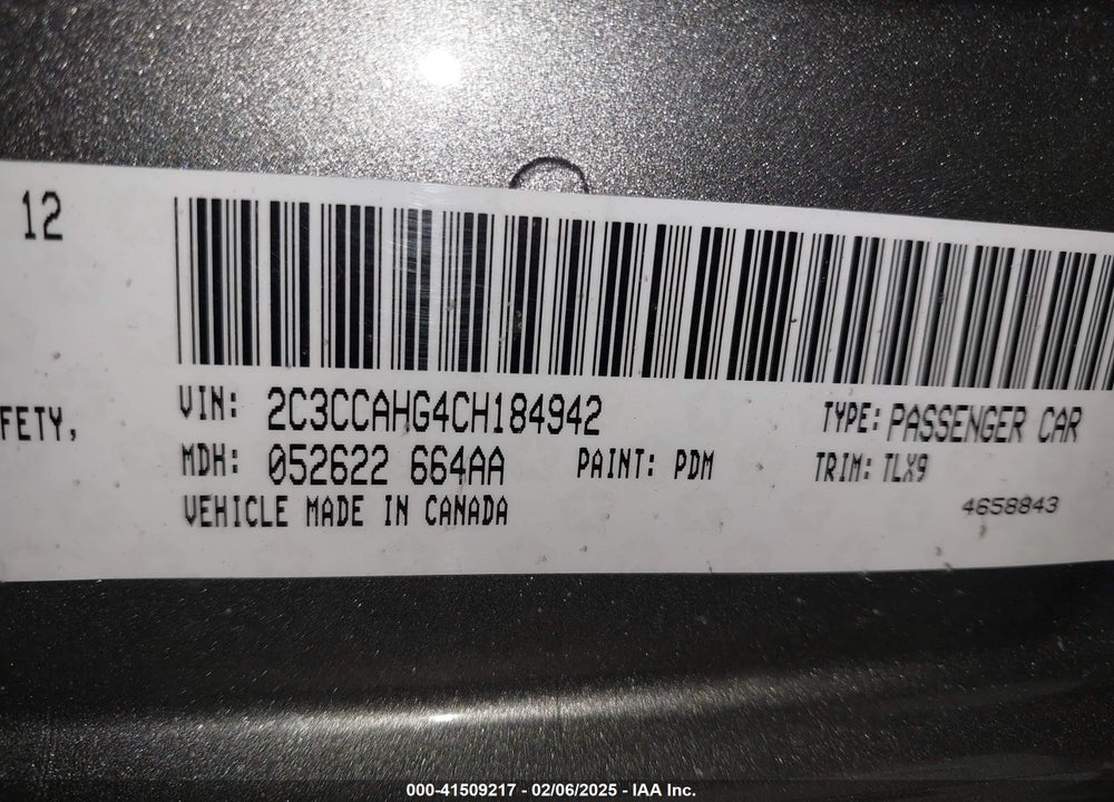 2012 CHRYSLER 300 LIMITED VIN: 2C3CCAHG4CH184942