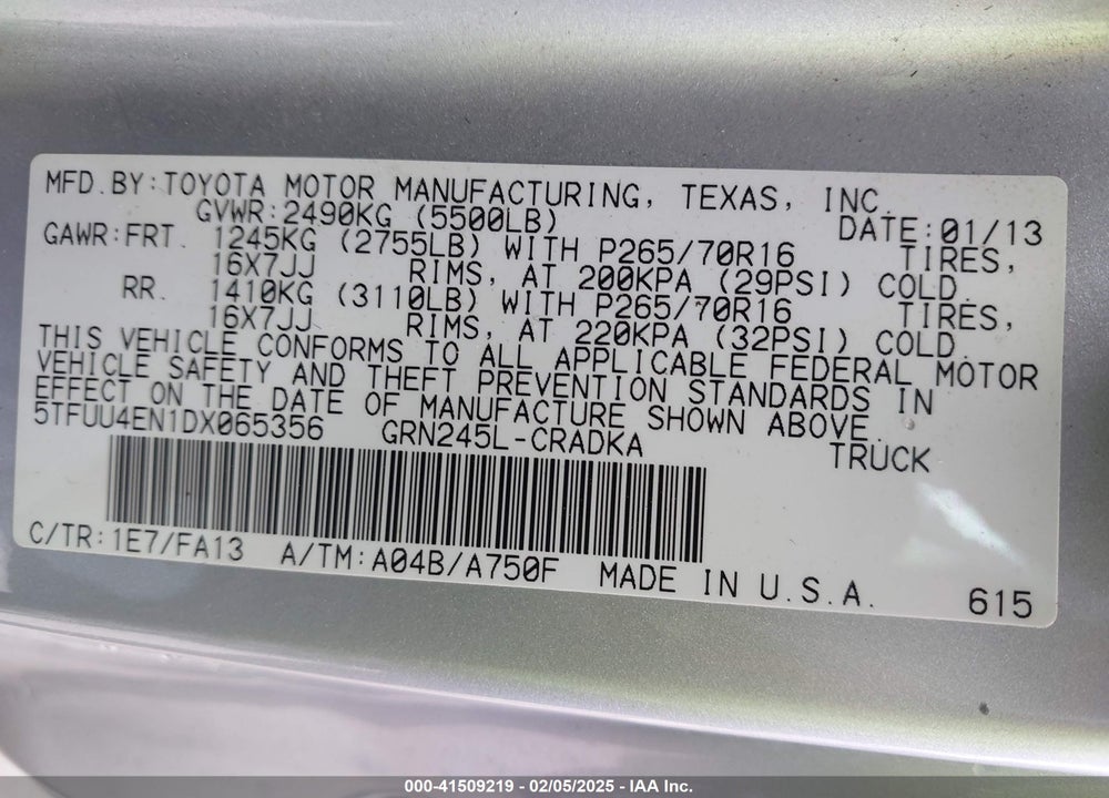2013 TOYOTA TACOMA VIN: 5TFUU4EN1DX065356
