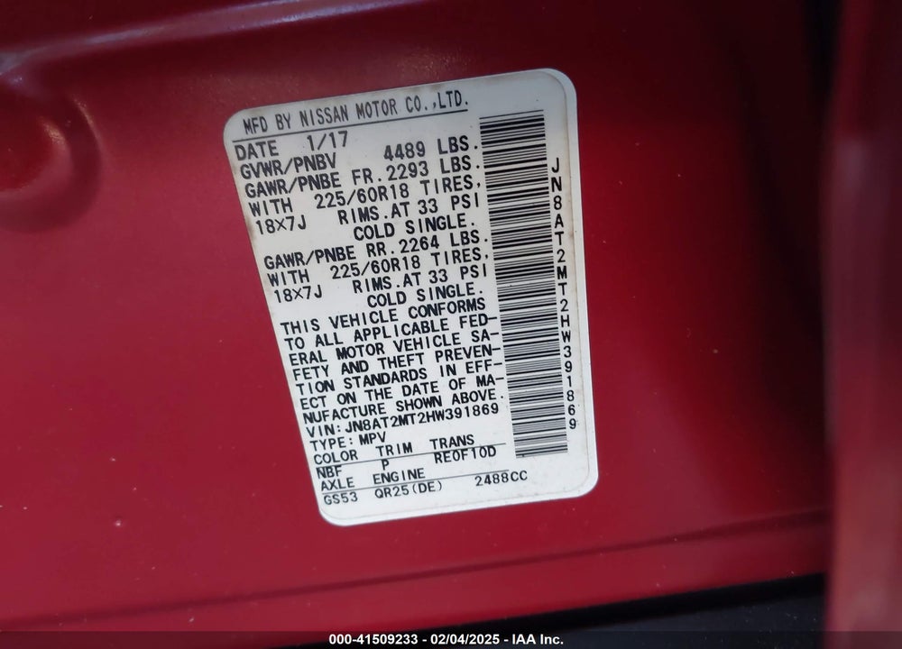 2017 NISSAN ROGUE SL VIN: JN8AT2MT2HW391869