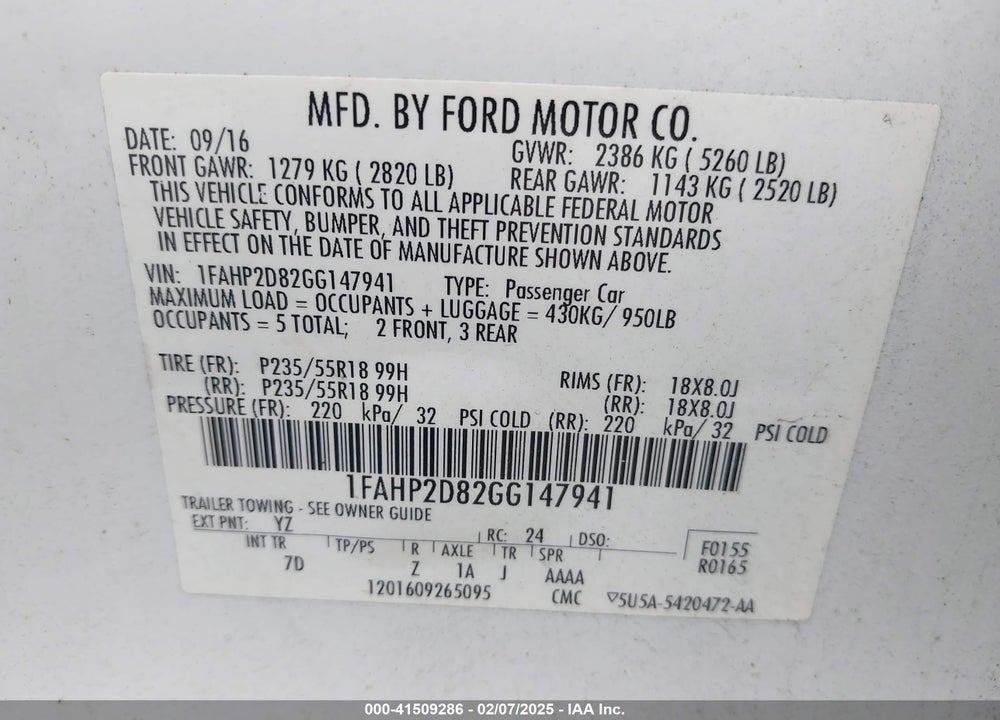 2016 FORD TAURUS VIN: 1FAHP2D82GG147941