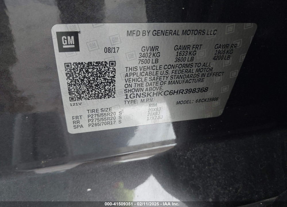 2017 CHEVROLET SUBURBAN LT VIN: 1GNSKHKC6HR398368