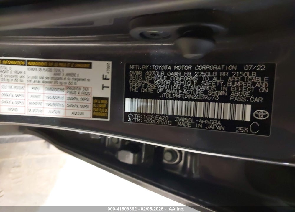 2022 TOYOTA PRIUS VIN: JTDL9MFUXN3039673