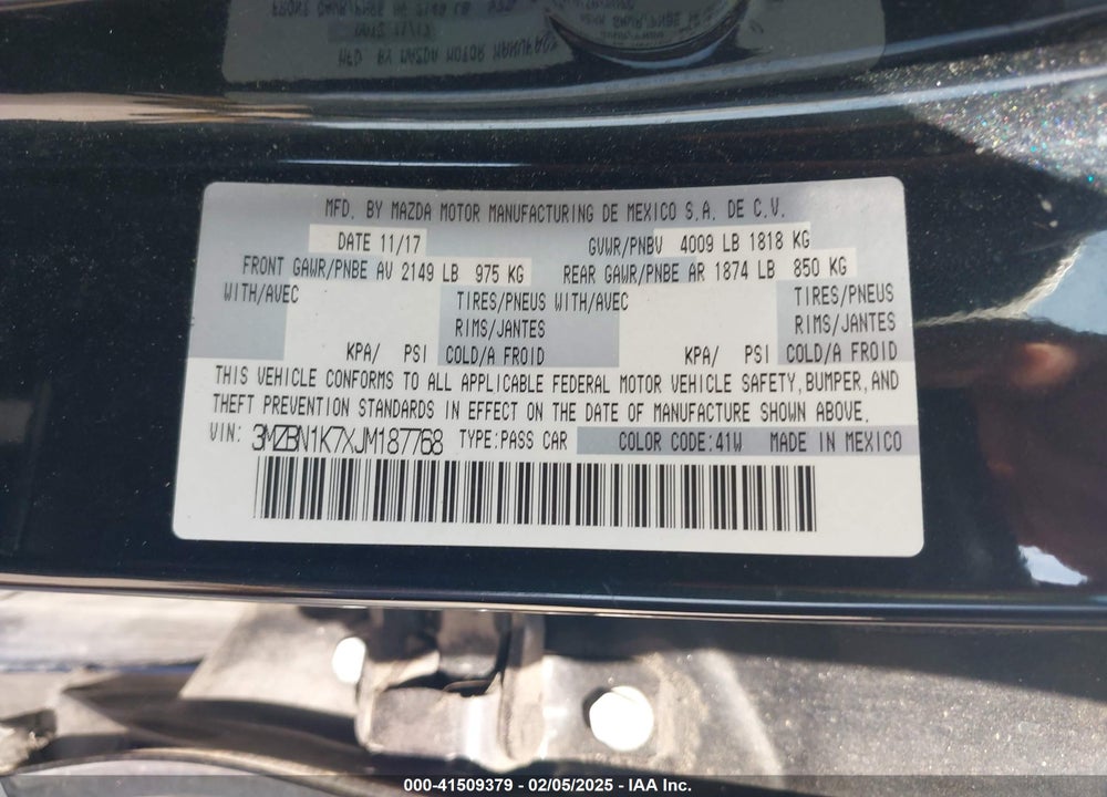 2018 MAZDA MAZDA3 VIN: 3MZBN1K7XJM187768