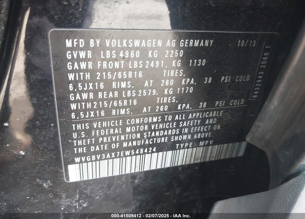 2014 VOLKSWAGEN TIGUAN VIN: WVGBV3AX7EW548424