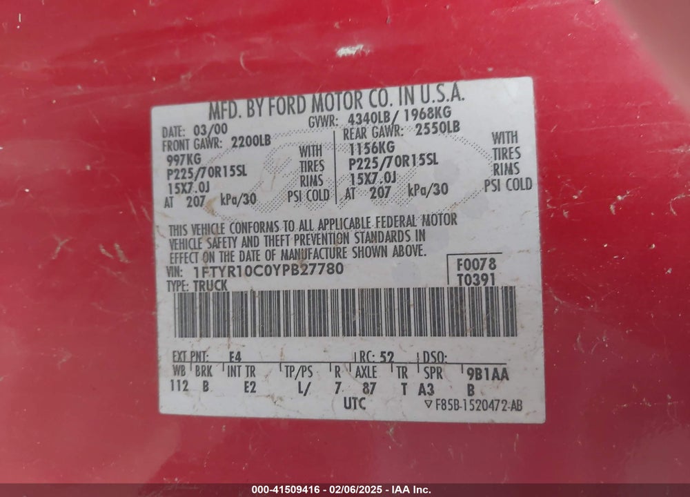 2000 FORD RANGER XL/XLT VIN: 1FTYR10C0YPB27780