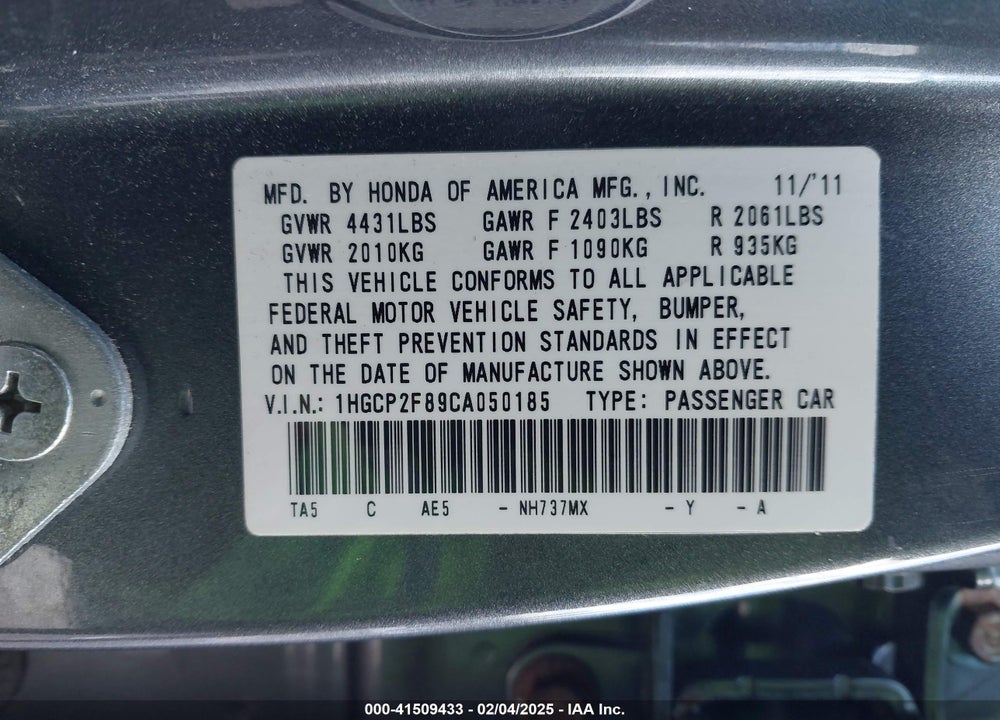 2012 HONDA ACCORD VIN: 1HGCP2F89CA050185