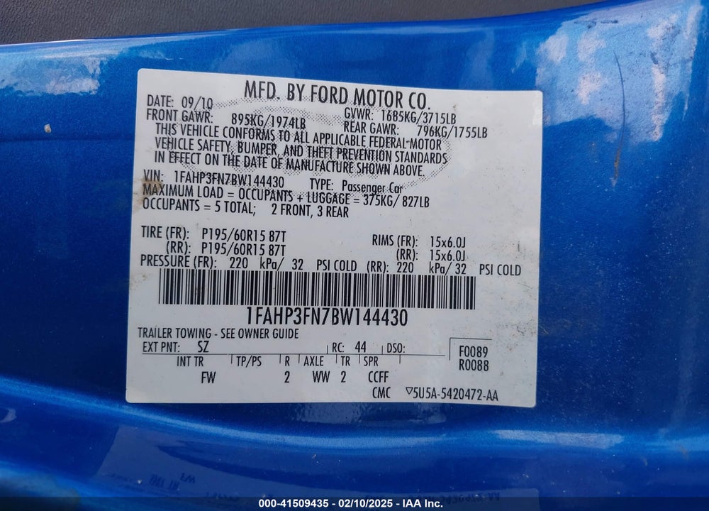 2011 FORD FOCUS VIN: 1FAHP3FN7BW144430
