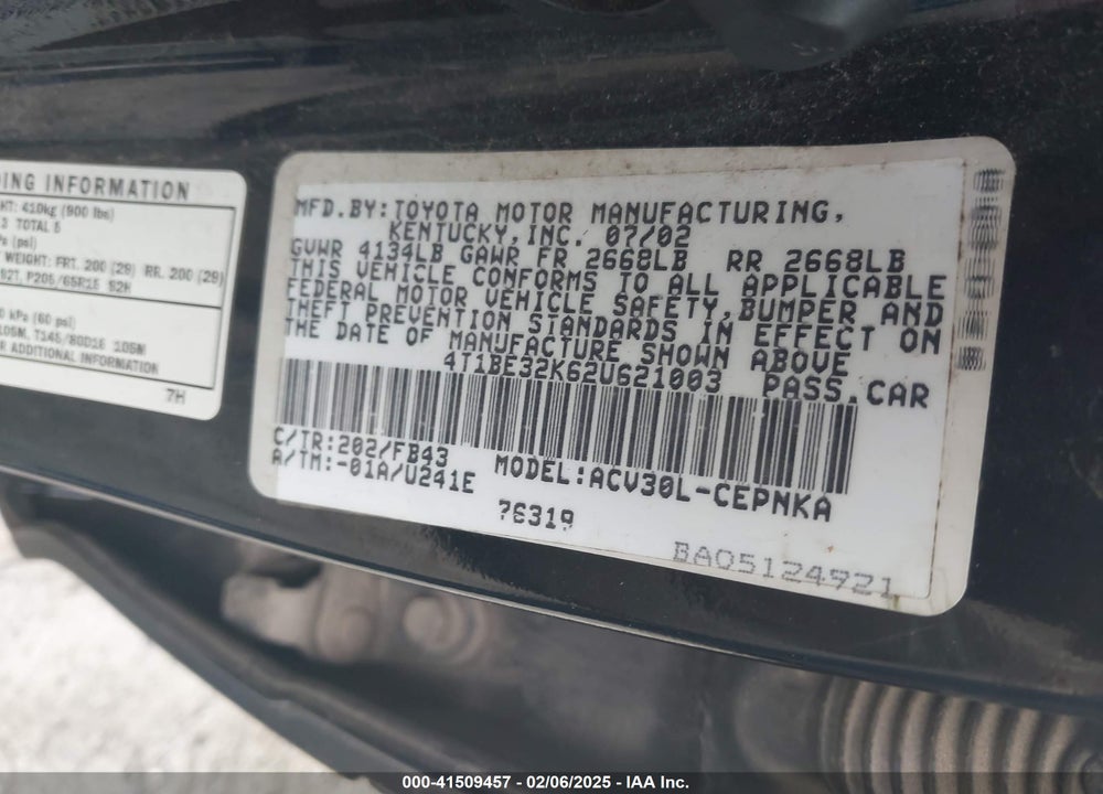 2002 TOYOTA CAMRY LE VIN: 4T1BE32K62U621003