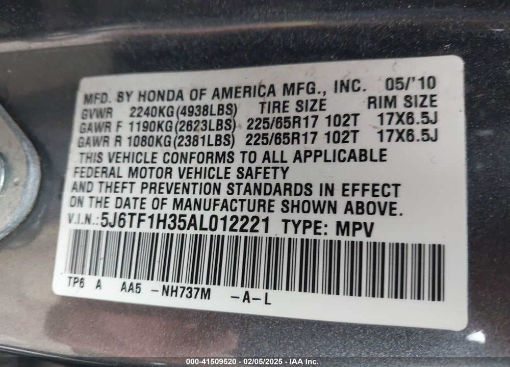 2010 HONDA ACCORD CROSSTOUR EX VIN: 5J6TF1H35AL012221