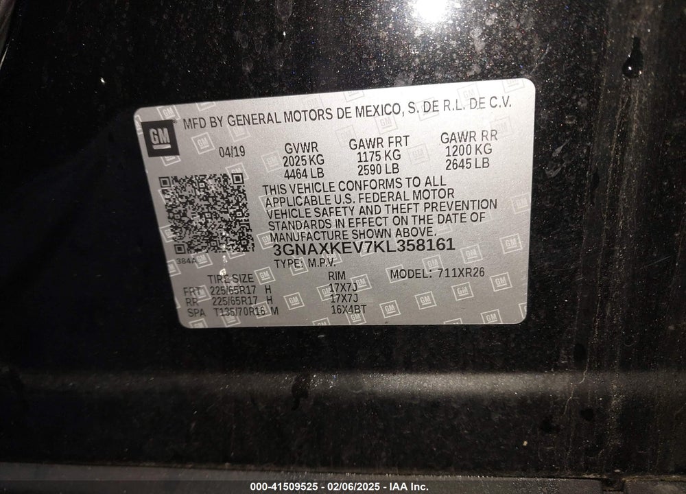 2019 CHEVROLET EQUINOX LT VIN: 3GNAXKEV7KL358161