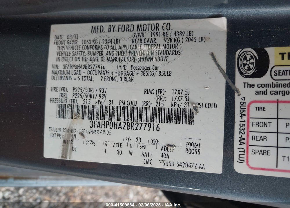 2011 FORD FUSION SE VIN: 3FAHP0HA2BR277916