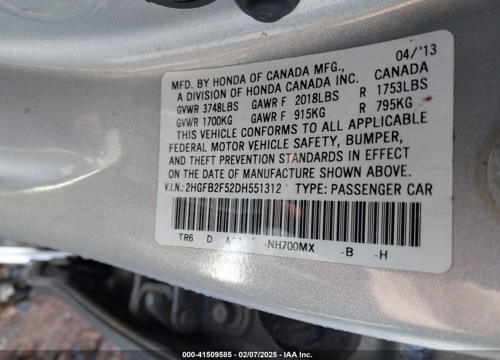 2013 HONDA CIVIC VIN: 2HGFB2F52DH551312