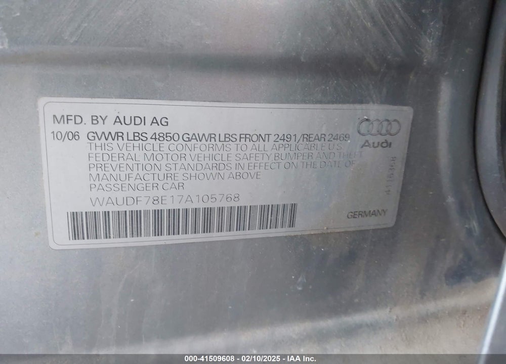 2007 AUDI A4 2.0T VIN: WAUDF78E17A105768