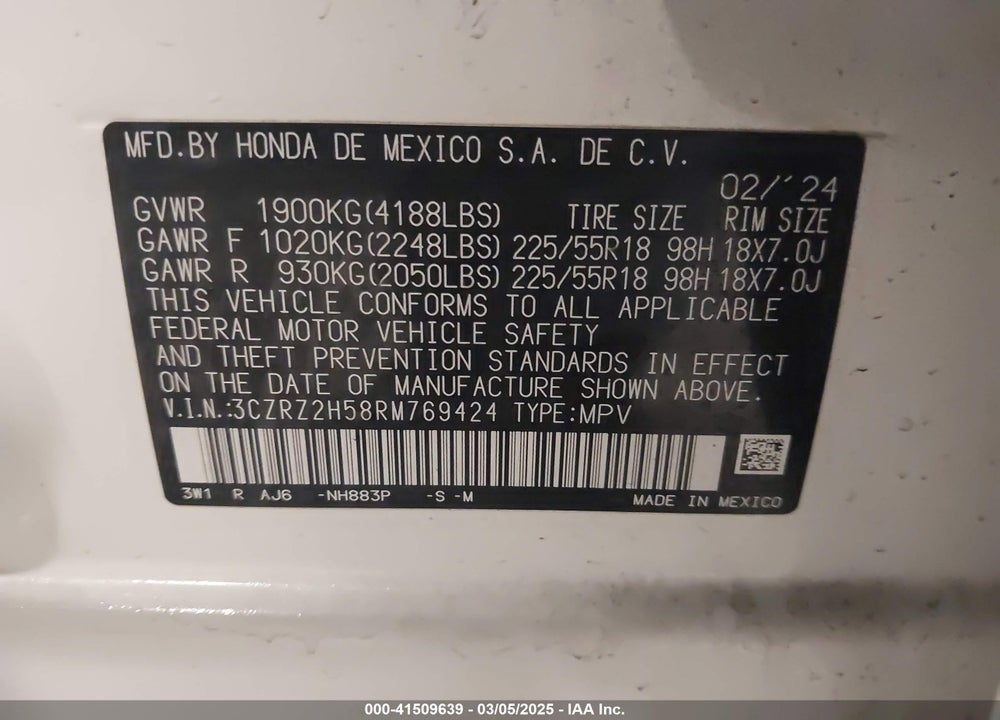 2024 HONDA HR-V AWD SPORT/AWD SPORT W/O BSI VIN: 3CZRZ2H58RM769424