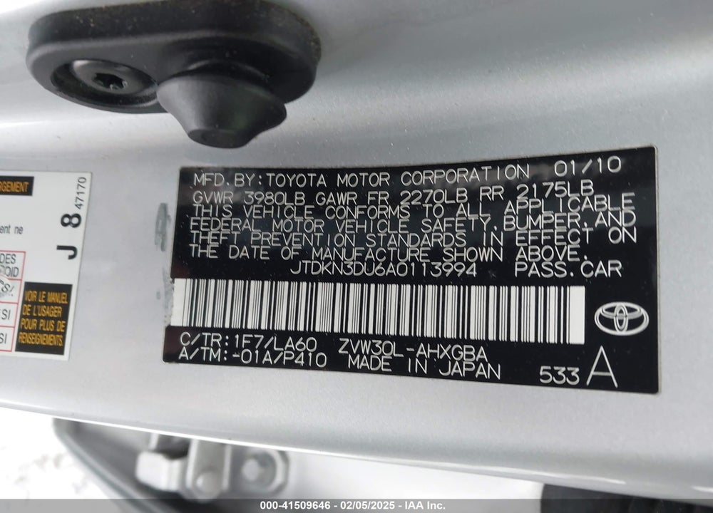 2010 TOYOTA PRIUS I/II/III/IV/V VIN: JTDKN3DU6A0113994