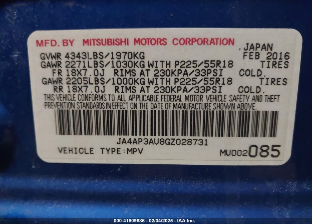 2016 MITSUBISHI OUTLANDER SPORT 2.0 ES VIN: JA4AP3AU8GZ028731