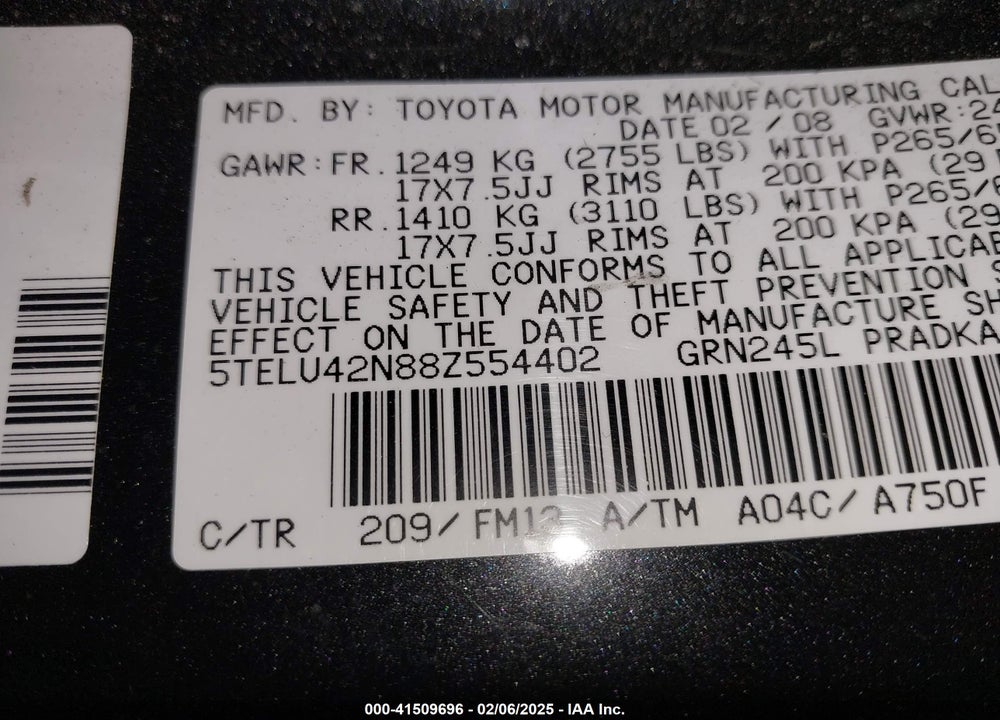 2008 TOYOTA TACOMA DOUBLE CAB VIN: 5TELU42N88Z554402