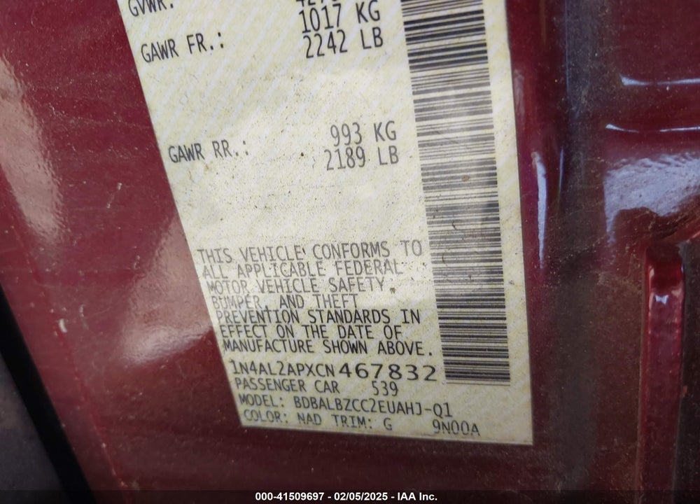 2012 NISSAN ALTIMA VIN: 1N4AL2APXCN467832