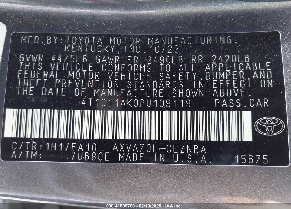 2023 TOYOTA CAMRY VIN: 4T1C11AK0PU109119