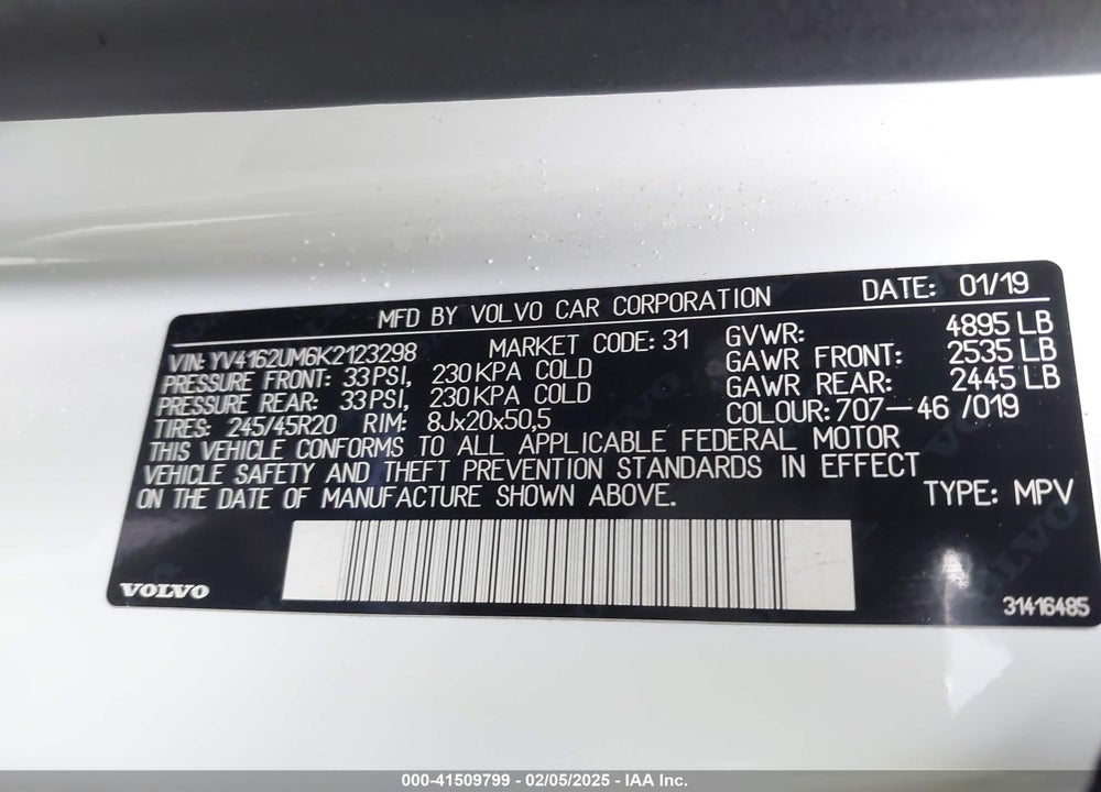 2019 VOLVO XC40 VIN: YV4162UM6K2123298