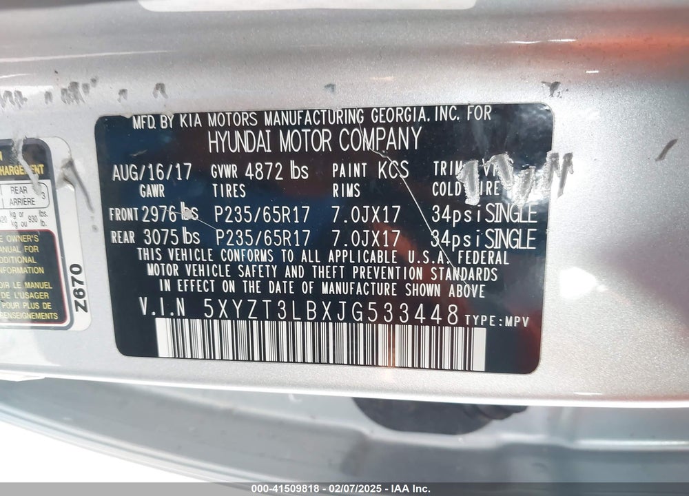 2018 HYUNDAI SANTA FE SPORT 2.4L VIN: 5XYZT3LBXJG533448