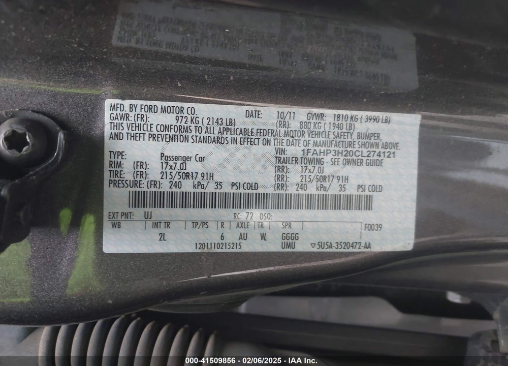 2012 FORD FOCUS VIN: 1FAHP3H20CL274121