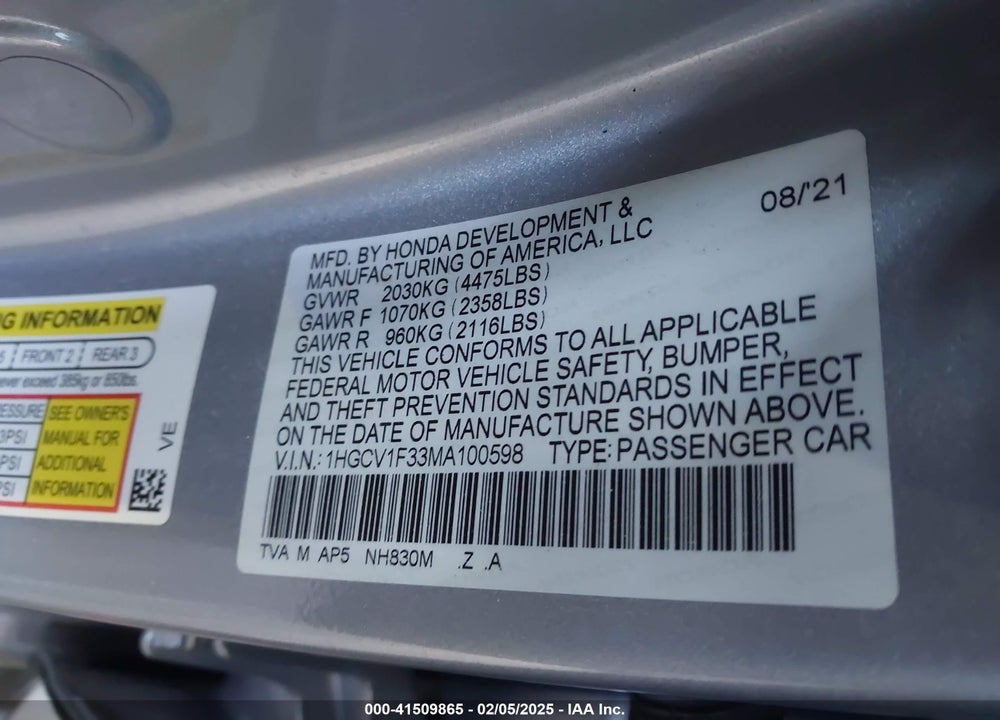 2021 HONDA ACCORD VIN: 1HGCV1F33MA100598