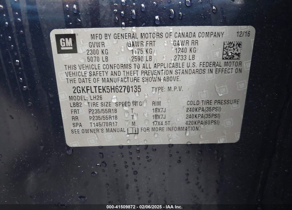 2017 GMC TERRAIN SLE-2 VIN: 2GKFLTEK5H6270135
