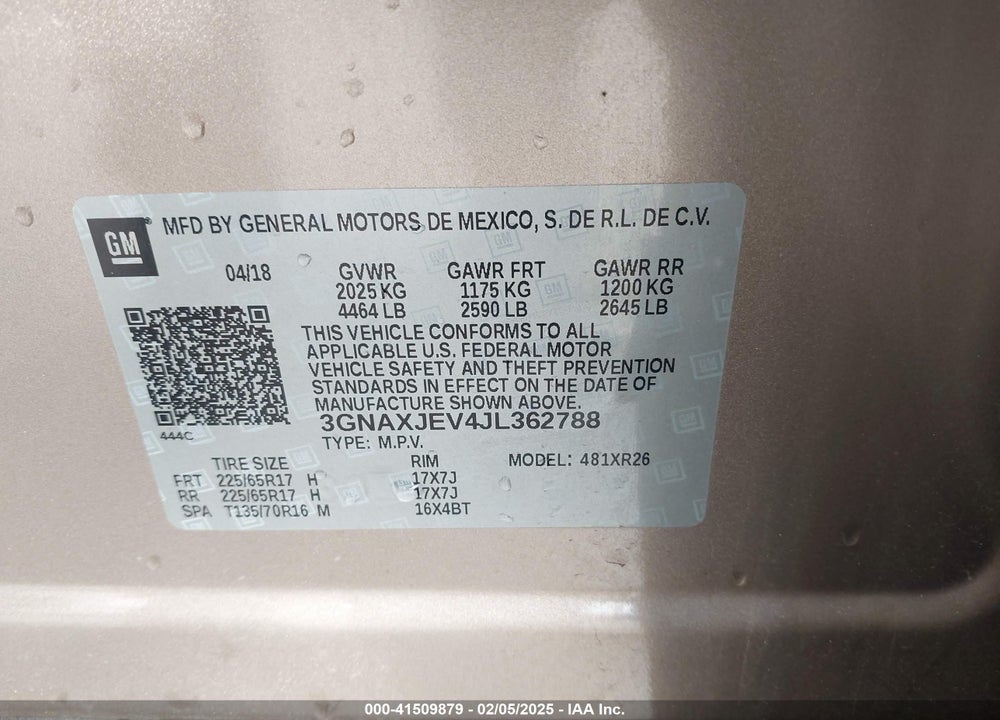 2018 CHEVROLET EQUINOX VIN: 3GNAXJEV4JL362788