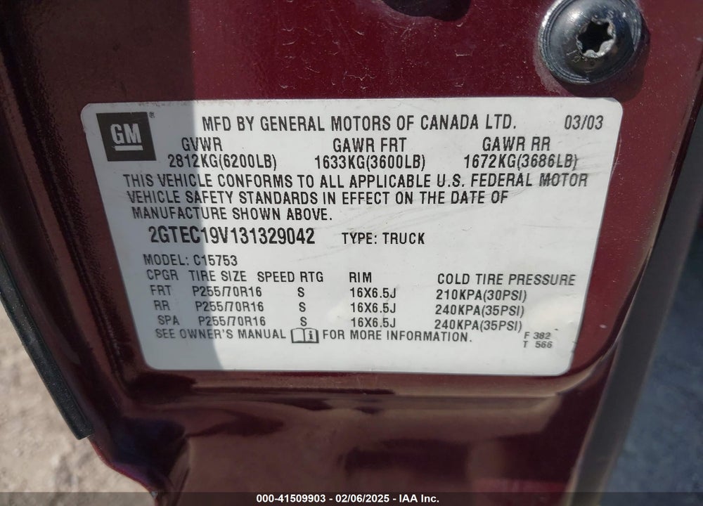2003 GMC SIERRA 1500 SLE VIN: 2GTEC19V131329042