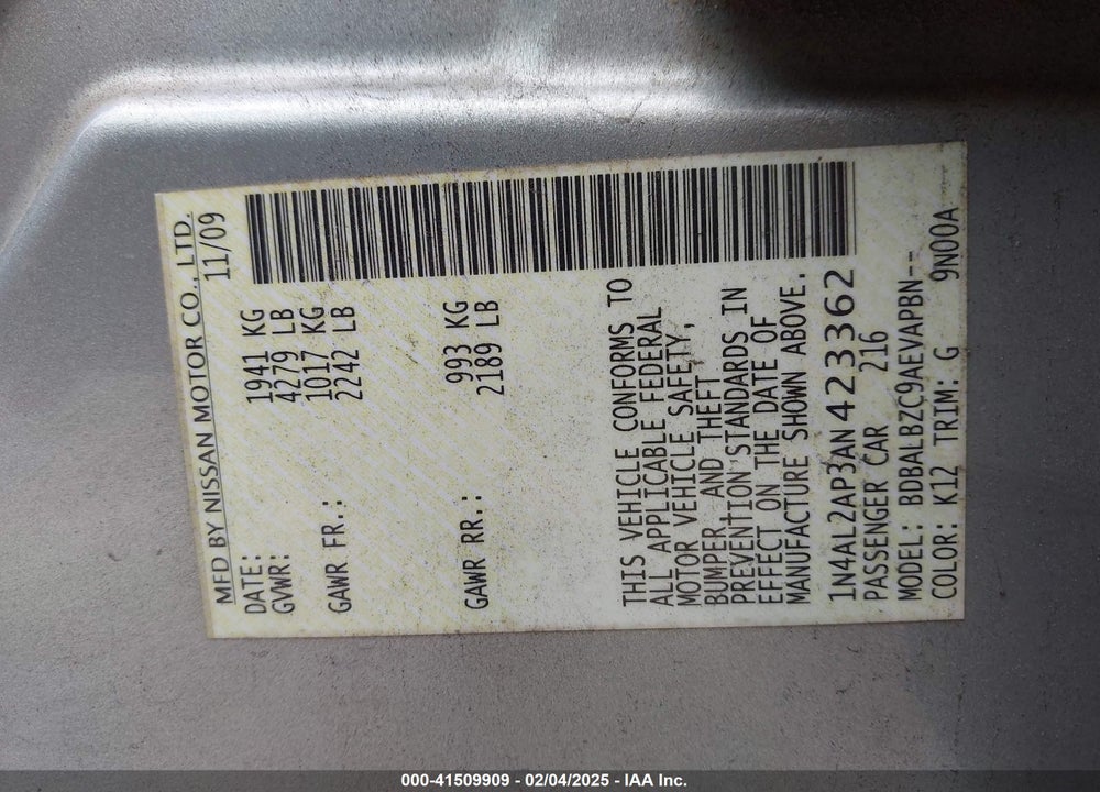 2010 NISSAN ALTIMA 2.5 S VIN: 1N4AL2AP3AN423362